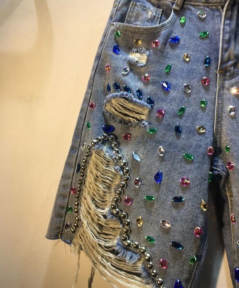 2025 Summer Short Pants High Waist Jeans Hole Shorts Women Stretch Distressed Washed Diamonds Streetwear Straight Denims