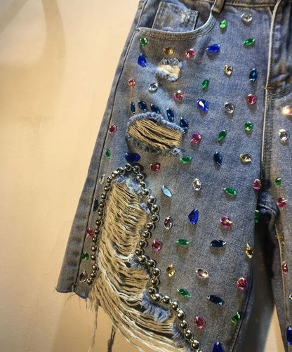 2025 Summer Short Pants High Waist Jeans Hole Shorts Women Stretch Distressed Washed Diamonds Streetwear Straight Denims