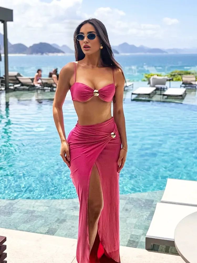 2025 Women 3 Piece Bikini Sets Spaghetti Strap Swimsuits Sexy High Split Beachwear Long Skirt Bathing Suit Vacation Wear K92