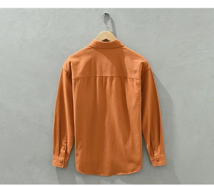 Cargo Shirt Men Spring Autumn Double Pocket Long Sleeve Shirts Male Casual Pure Cotton Orange Shirt Japanese Fashion Loose Shirt
