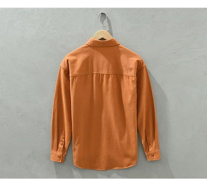 Cargo Shirt Men Spring Autumn Double Pocket Long Sleeve Shirts Male Casual Pure Cotton Orange Shirt Japanese Fashion Loose Shirt