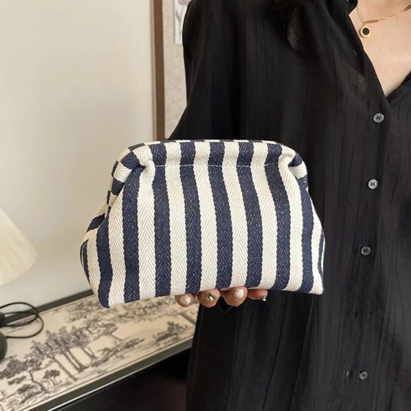 Summer Woven Crochet Striped Women's Handbag Large Capacity Knitted Beach Evening Bag Casual Ladies Colorblock Niche Cloud Bag