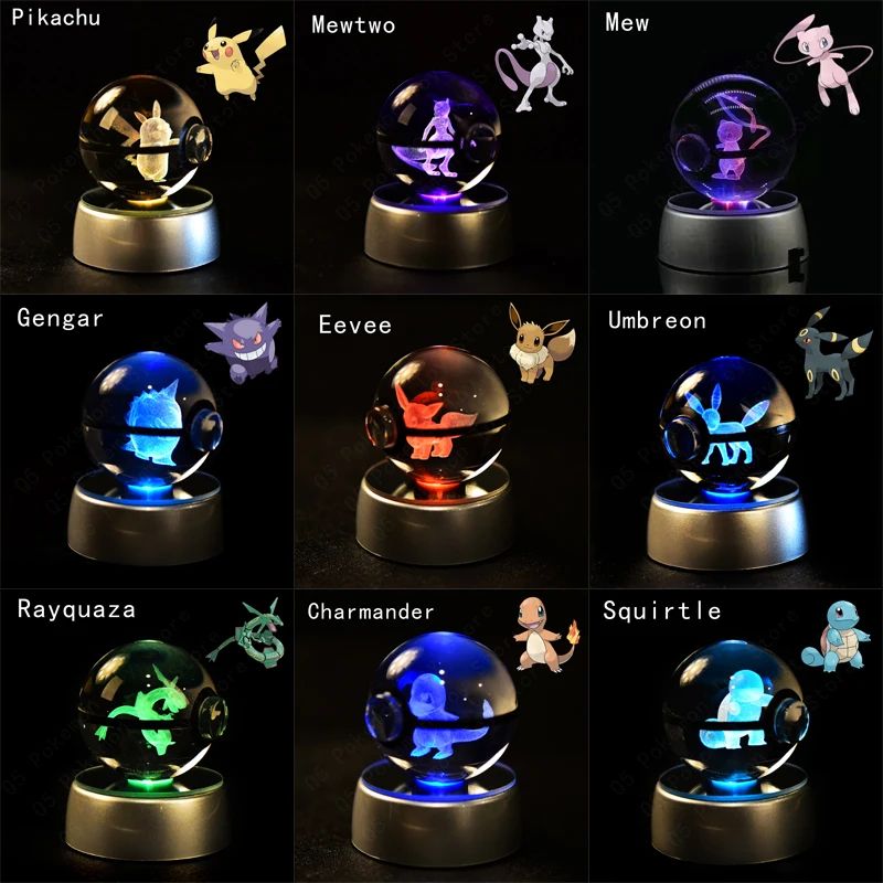 Esfera de Cristal 3D Pokémon 7CM 5CM Mewtwo Pikachu Gengar Bola de Cristal de Vidro Pokémon Pokebola Luminária Noturna LED com Base de Presente