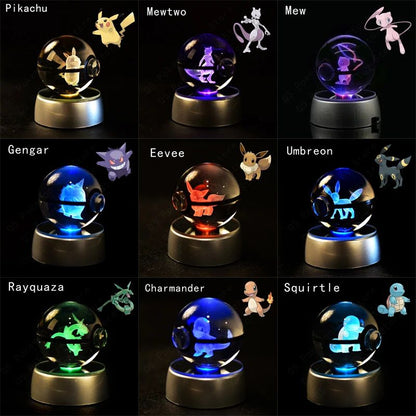 Esfera de Cristal 3D Pokémon 7CM 5CM Mewtwo Pikachu Gengar Bola de Cristal de Vidro Pokémon Pokebola Luminária Noturna LED com Base de Presente