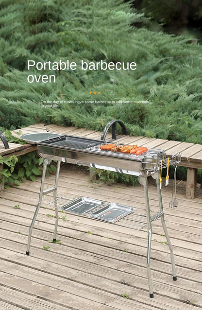 Outdoor Stainless Steel Charcoal Grill Large Size Barbecue Tool Portable Free Installation Handle Folding BBQ Cooking