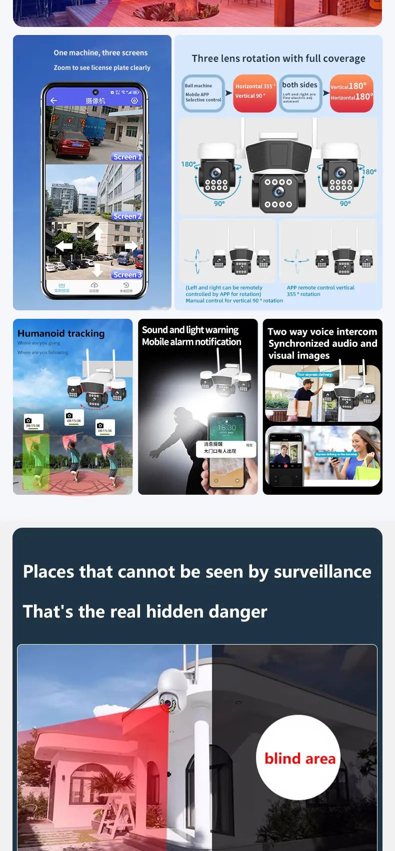 ANSVICAM 12MP 6K UHD WIFI Camera 3-PTZ Outdoor Cam Three Lenses Triple Screens Security Monitor Night Vision Waterproof CCTV