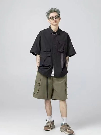 Stylish Y2k Men's Shirts Summer Korean Cargo Shirts for Men Black Multi-Pocket Hip Hop Men Clothing Punk Gothic Streetwear