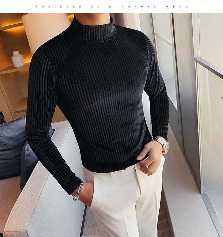 New Gold Velvet T Shirt Men Clothing Fashion Trend Male Luxury Prom Party Long-sleeved Striped Pullover Tops Homme