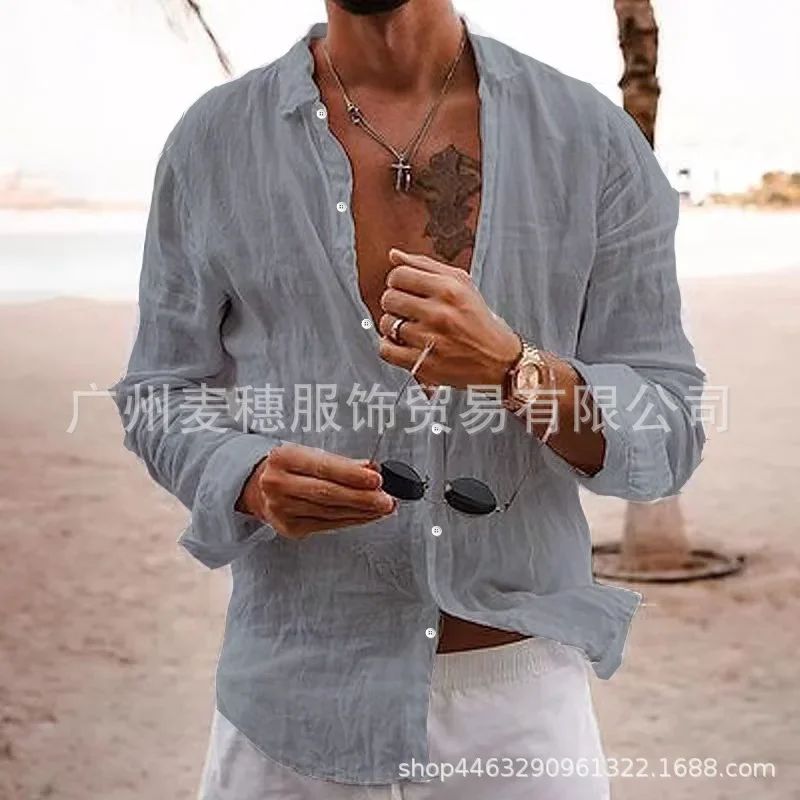 2025 Men's Cotton Linen Shirts Top Simple Laple Solid  Man Shirts Tops Comfortable Loose Casual Holiday Shirts for Men Blouses