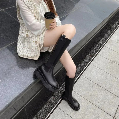 Women High Boots Fashion Woman Non-slip Waterproof Winter Zipper PU Leather Knee High Boots Women Chunky Platform Long Boots