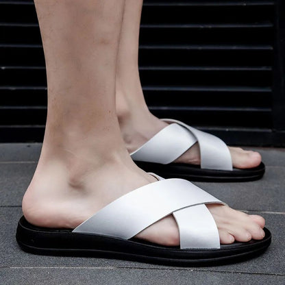 Men Shoes New  Summer Shoes Italian Leather Slippers Men High Quality Size 38-47 Beach Slip on Flats Man Flip Flops Mens Sandals