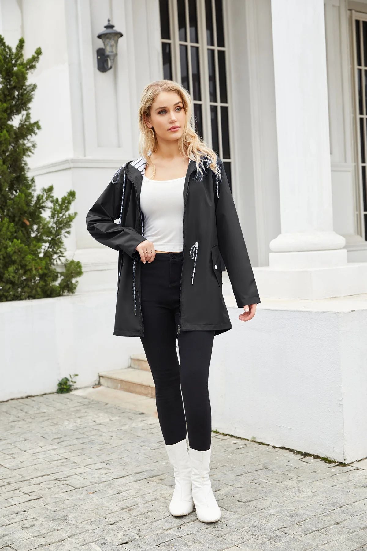 Blue Waterproof Hooded Jacket Women Fashion Casual Coat Waist Drawstring Tie Zipper Switch Red Green Yellow Black Windbreaker