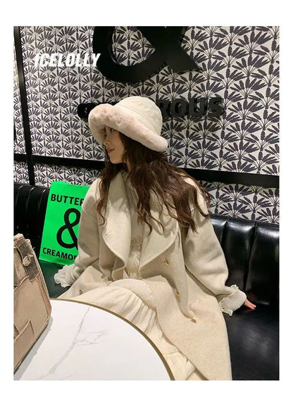 Light Grey Woolen Coat Women's Long Loose Korean Style Fashionable Autumn Winter New Arrival Polyester Fiber Full Sleeve