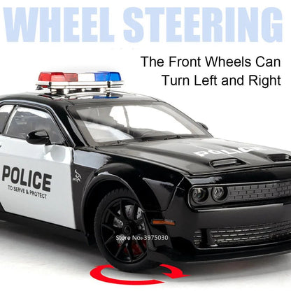 1:24 Dodge Challenger SRT Hellcat Modelo de Carro de Polícia de Brinquedo Pneu de Borracha Carro em Miniatura Puxar para Trás Luz Música Veículo Meninos Adultos Presentes