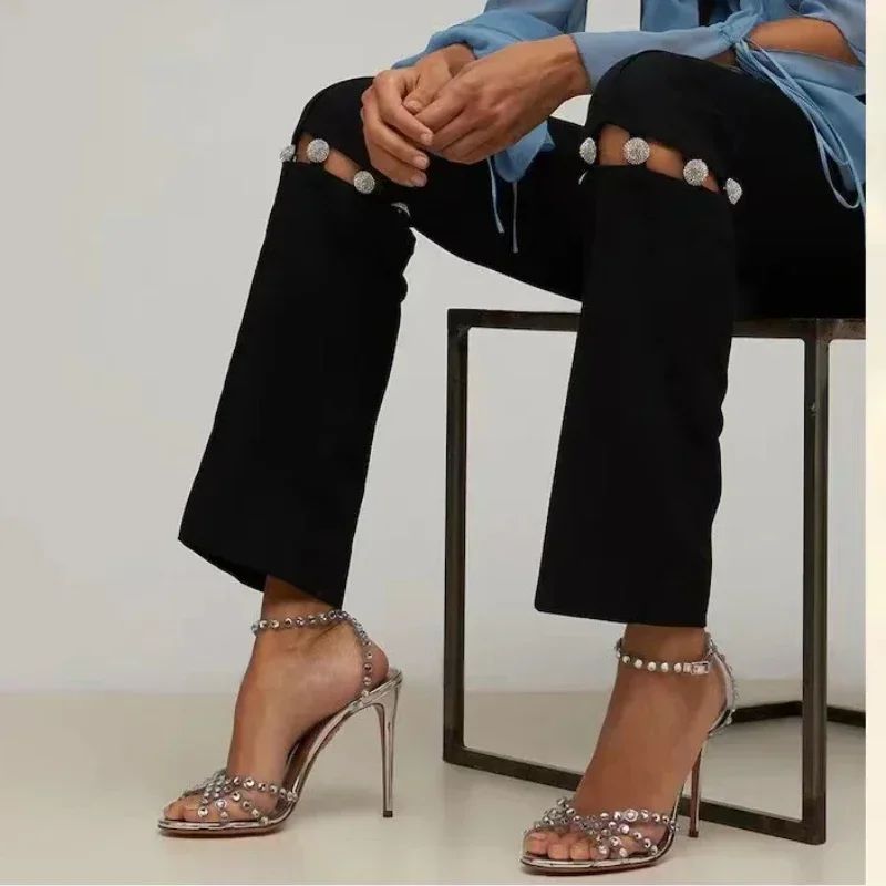 Pvc Transparent Rhinestone High Heels Ladies Sexy Ankle Strap Sandals Women Luxury Designer Wedding Party Dress Shoes Pumps