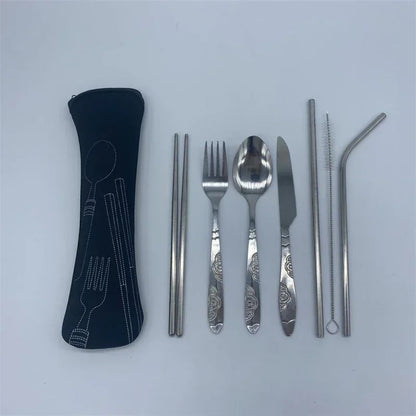 7/3 Peças Conjunto de Talheres de Aço Inoxidável para Acampamento ao Ar Livre Faca de Bife Garfo Colher para Comida Ocidental Bolsa de Pano Criativa Portátil