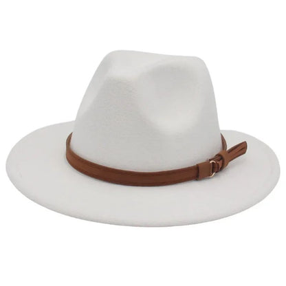 Classic Brown Belt Women Fedora Hats Autumn Winter Gentleman Jazz Felt Hat For Men Retro Church Lady Flat Wide Brim Dress Hat