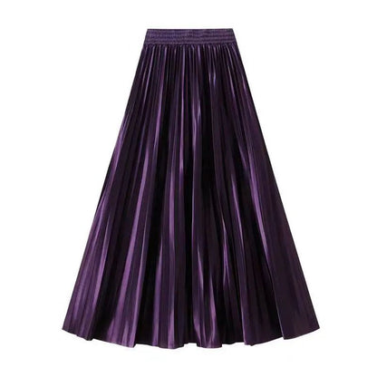 High Waist Satin Pleated Skirt 1 Meter Long Floor Length Pearl Glitter A- Line Umbrella Half Body Skirts Polyester Fiber