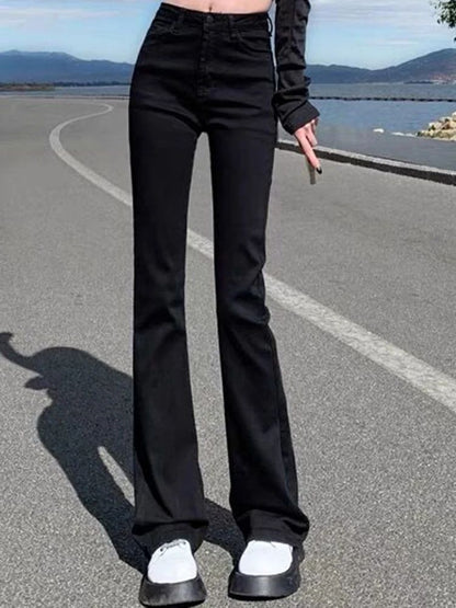 Women Korean Flare Jeans Girls High Waist Elastic Boot Cut Pants Lady Vintage Blue Black Gray Brown Denim Bell Bottom Trousers
