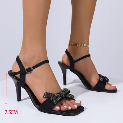 Pink Bowtie Decor High Heels Sandals for Women Shiny Sequin Thin Heeled Party Shoes Plus Size Ankle Buckle Square Toe sandals