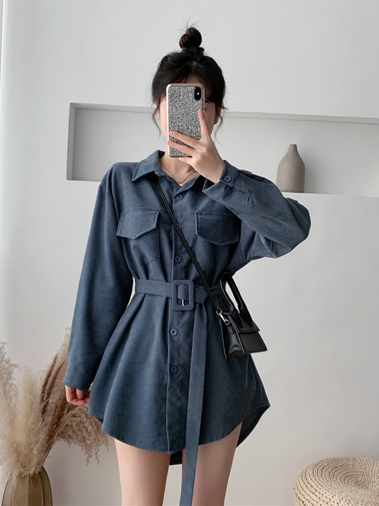 Women Spring Autumn Shirts Retro Cargo Style Pockets Long-Sleeved Shirt Puff Sleeve Bandage Nipped Waist Tops Female PL438
