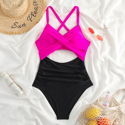 Sexy Hollow Cross Sling Swimwear Color Matching Backless Swimsuit One Piece Bikini Fashion Bathing Suits Swimming Suit For Women