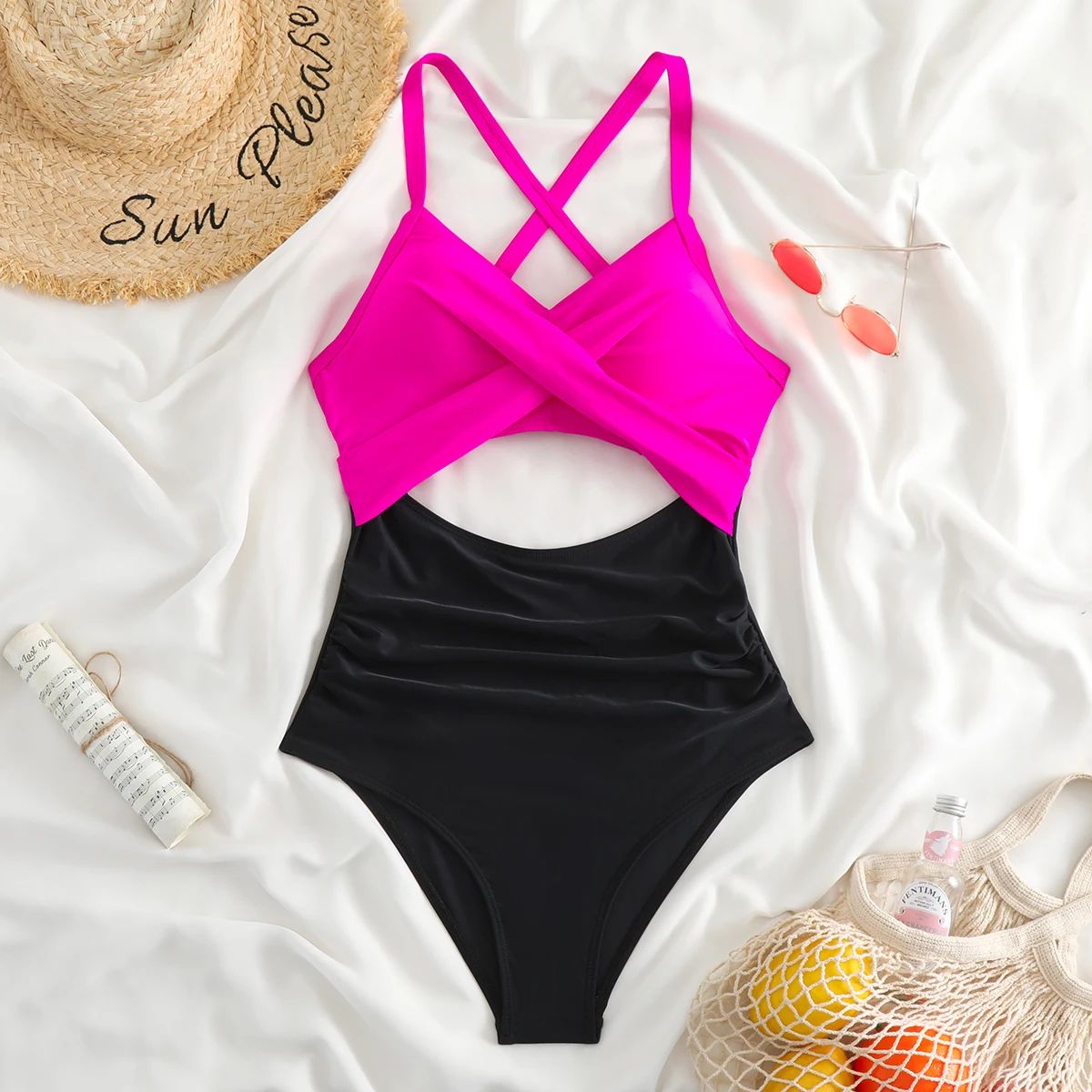 Sexy Hollow Cross Sling Swimwear Color Matching Backless Swimsuit One Piece Bikini Fashion Bathing Suits Swimming Suit For Women