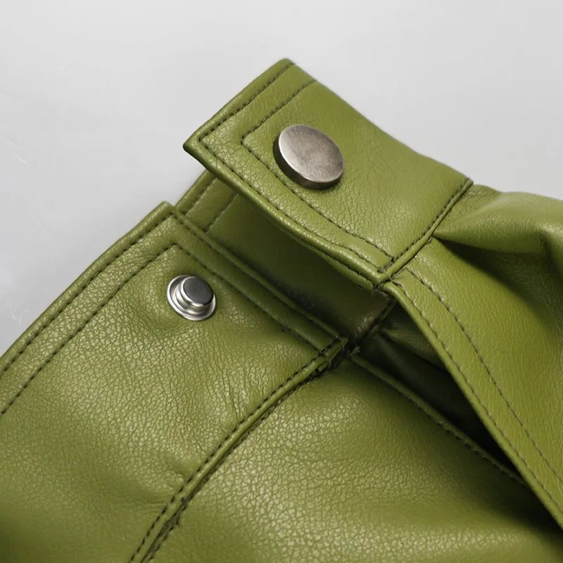 Olive Green Leather Jacket Coat Silhouette Vintage High Street Trend Zipper Lapel Short Overcoat Loose Casual Top Outwear Autumn