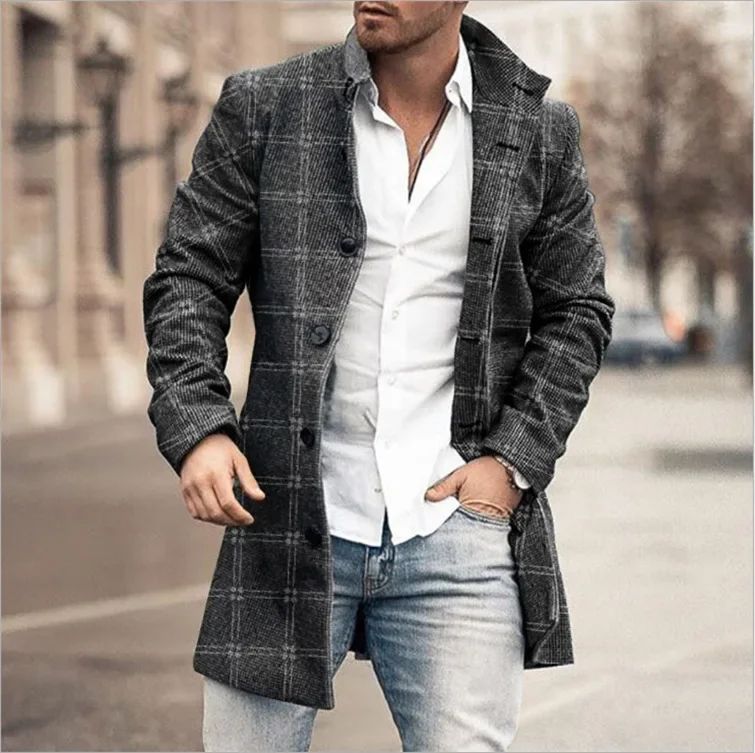 Pop European And American Woolen Overcoat For Autumn And Winter. Korean Style Fashionable Men's Stand-up Collar Woolen Overcoat.