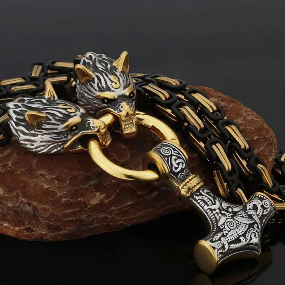Colar Pingente Martelo Viking Nórdico Retrô Elegante e Requintado com Cabeça de Lobo para Presente de Joias Masculinas Personalizadas