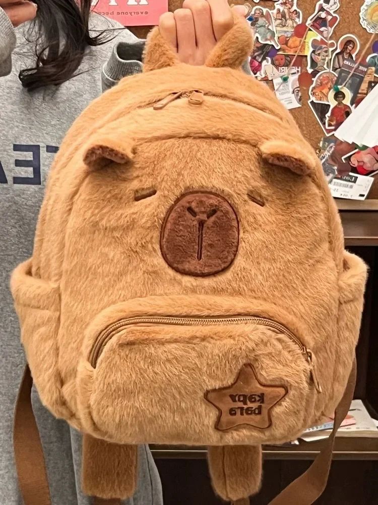 Mochila de Pelúcia Capivara Capibala para Estudantes, Mochila Casual de Pelo, Bolsa Escolar de Grande Capacidade