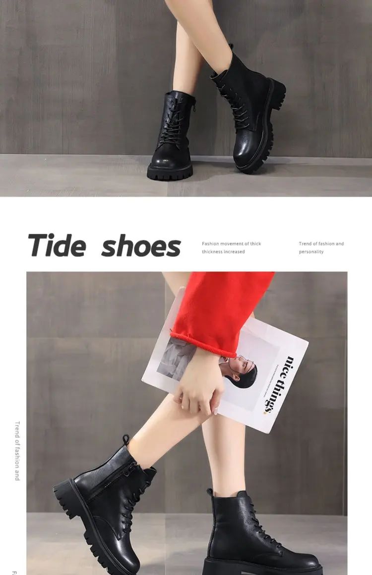 Autumn new mid length Boots Black anti slip trendy Footwear  Fashion laceup boots Ladies thick heeled casual shoes Botas Zapatos