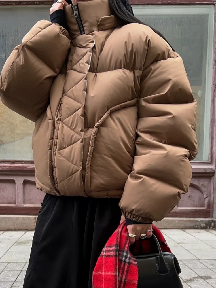 Detachable Hooded Padded Jackets Women's Loose Full Sleeves Zipper Pockets Stand Collar Coats 2025 Autumn Winter Female Outwear