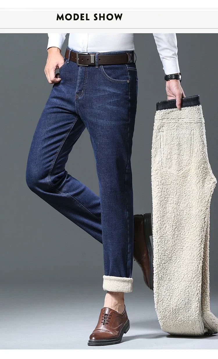 Calça Jeans Masculina de Lã Aveludada, Inverno, Forrada com Lã Grossa, Casual de Negócios, Reta, Jeans, Macia, Confortável, Térmica, Elástica, Calças Masculinas