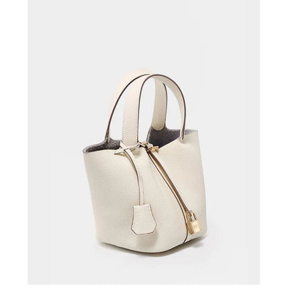 Genuine Leather Shoulder Bucket Bag Women Litchi Pattern Mini Basket Tote Soft Handbag Mommy Bride Wedding Bags with Lock