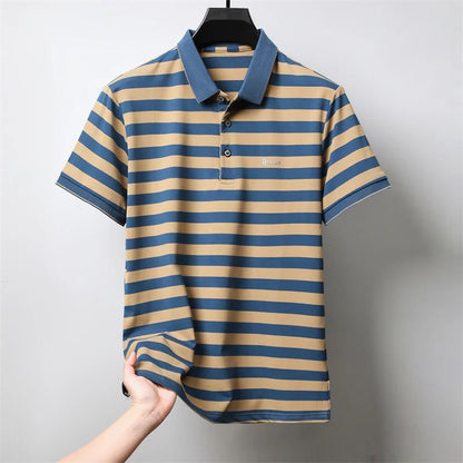 Personalized Striped Color Blocked Men's Short Sleeved Polo Shirt Fashion Brand Exquisite Embossed Summer Casual Collar T-shirt