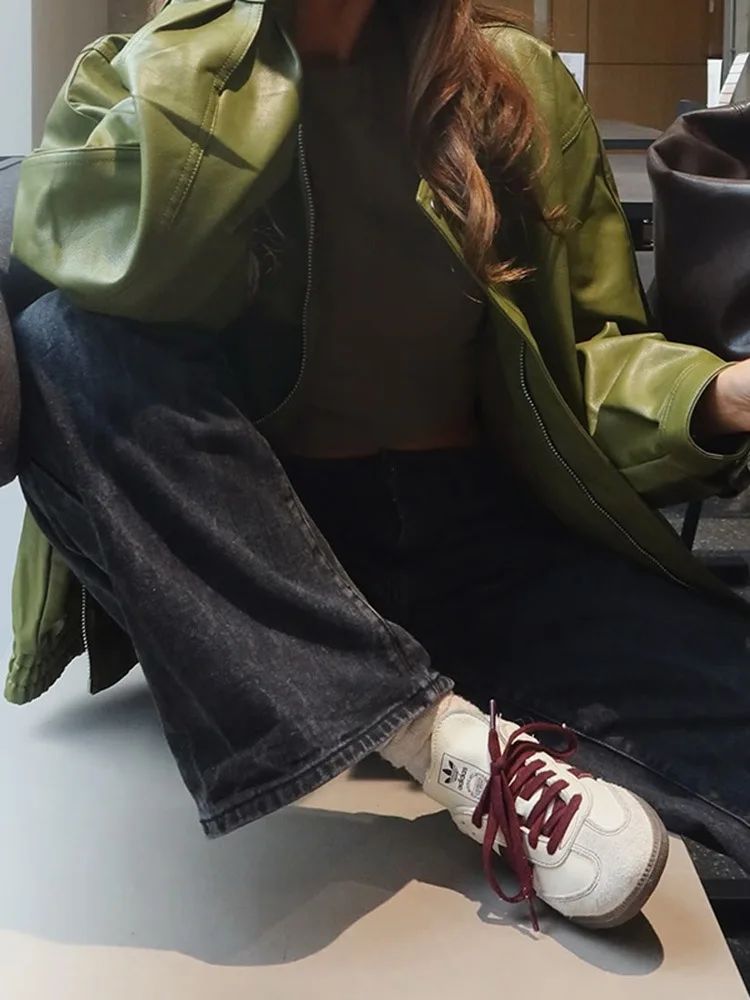 Olive Green Leather Jacket Coat Silhouette Vintage High Street Trend Zipper Lapel Short Overcoat Loose Casual Top Outwear Autumn