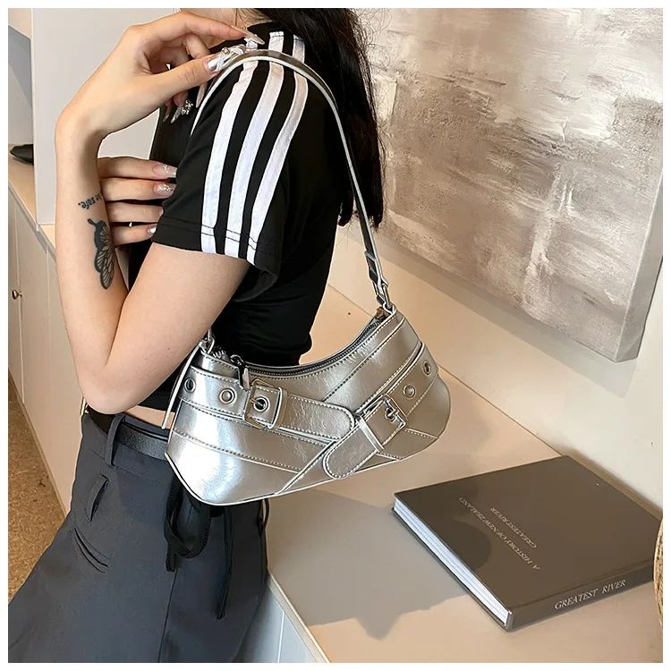 Red Vintage Shoulder Bag Y2K Belt Design PU Leather Underarm Bags for Women Trend Hot Cool Girl Crossbody Bag Punk Style Handbag