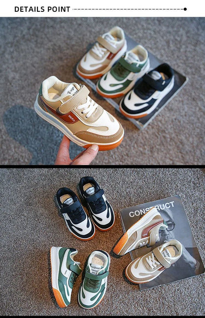 Children's Spring New Leather Upper Sneakers Middle Large Children's Casual Shoes Boys and Girls Soft Sole Students Tennis Shoes