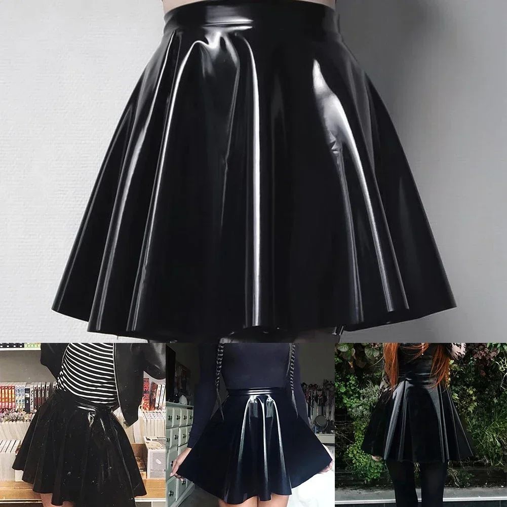 Womens Shiny PVC  Patent Leather Skirt Sexy Wet Look Leather Pleated Skirt Front Bodycon Elastic Latex Mini Short Skirt