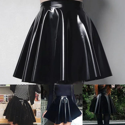 Womens Shiny PVC  Patent Leather Skirt Sexy Wet Look Leather Pleated Skirt Front Bodycon Elastic Latex Mini Short Skirt