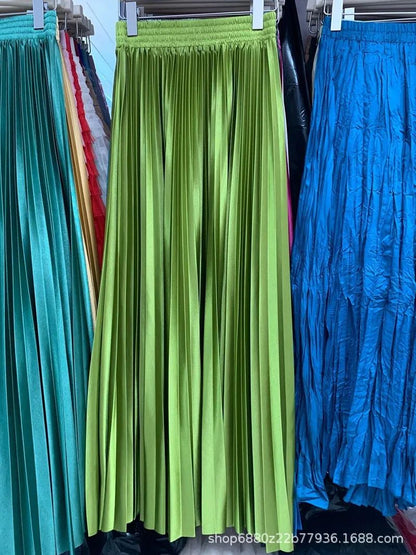 High Waist Satin Pleated Skirt 1 Meter Long Floor Length Pearl Glitter A- Line Umbrella Half Body Skirts Polyester Fiber