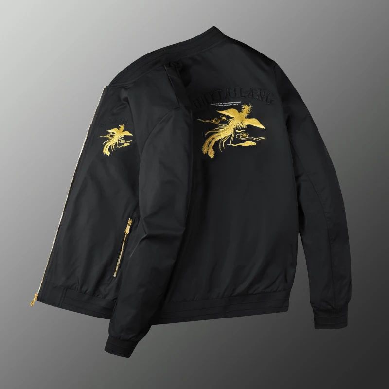White, black men's phoenix embroidery jacket Slim youth jacket Outdoor sports trend tops Men's jackets