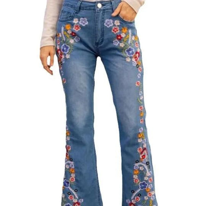 Slimming Women's Denim Jeans Embroidered Washed Bell Bottoms Mid Waist Jeans Chinese Manufacturer Wholesale Retail