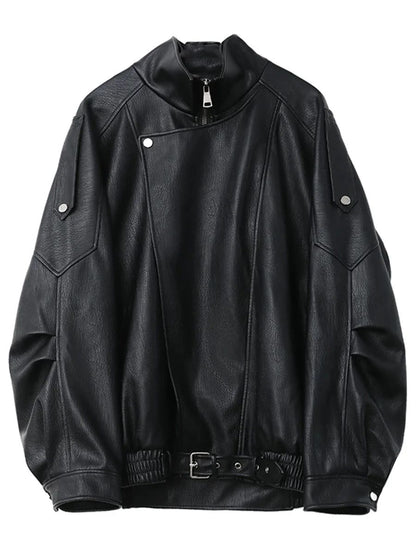 CHIC VEN Female PU Jacket Solid Loose New Retro Standing Collar Motorcycle Faux Leather Coat Female Top Spring Autumn 2024