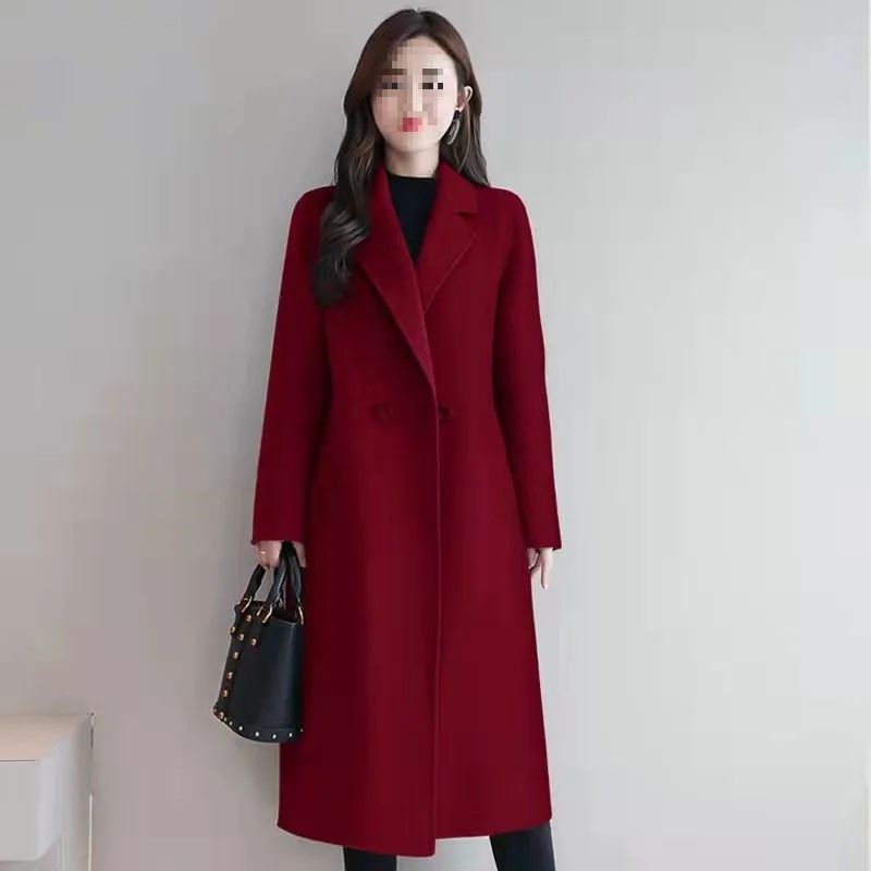 Plus Size New Women's Woolen Coat Medium-Length Loose Fit plus Size Korean Style Spring Autumn Outerwear Thickened Polyester ...