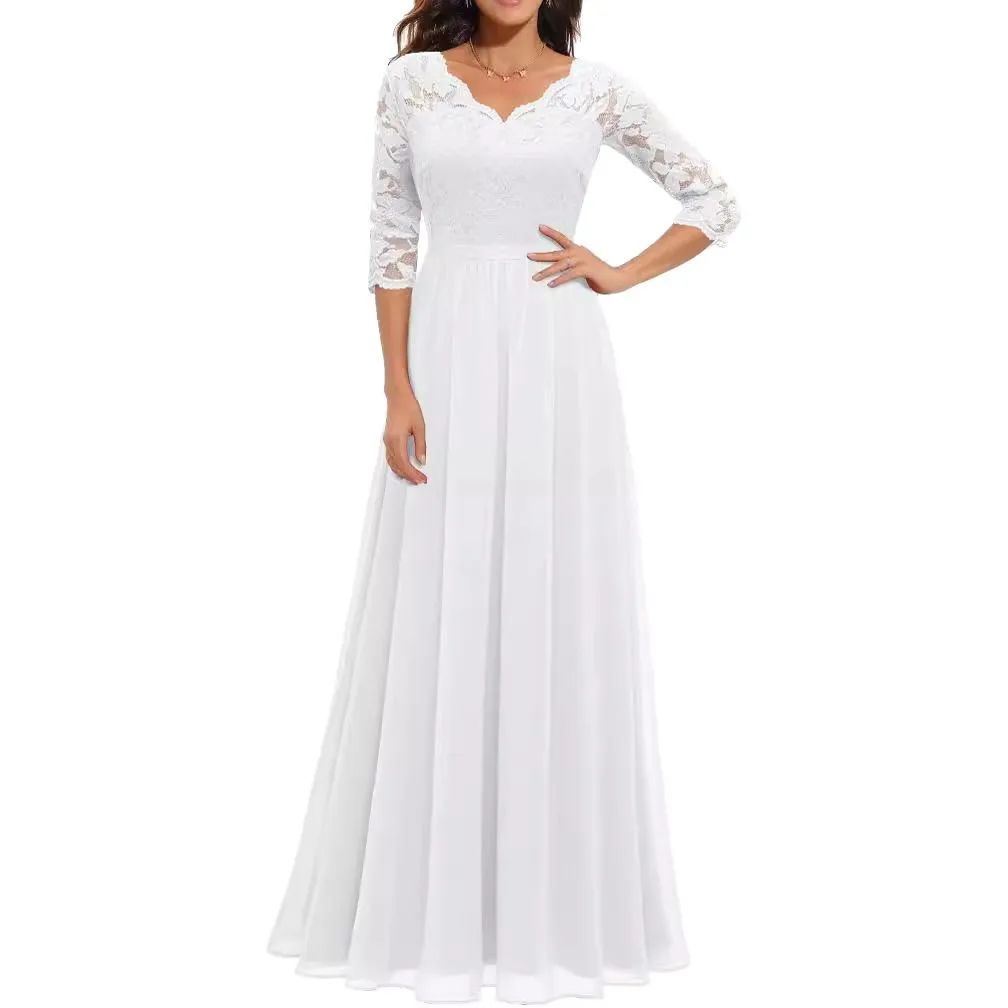 New 6-Color 5-Size Lace Splicing Long Waist-Cinching Elegant Dress Floor-Length V-Neck Polyester Fiber Evening Gown Dress