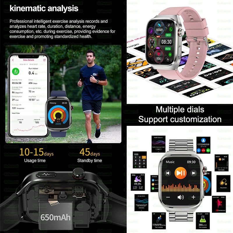 Smartwatch 2025 Novo ECG Chamada BT Feminino Frequência Cardíaca Lipídios Sanguíneos Ácido Úrico Saúde Monitores AI Voz 650mAh Esportivo