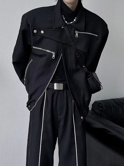 Yamamoto Dark Style Asymmetrical Design Short Lapel Zipper Deconstruction High-end Flying Jacket Jacket for Men