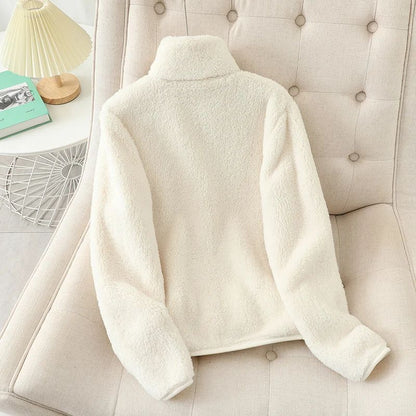 Women's Solid Color Fleece Coat Autumn Winter Warm Zipper Hoodie Loose Stand Collar Jacket Fashion Casual Elegant Ladies Clothes
